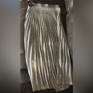 Vince Camuto Taupe Pleated Midi Skirt with White Dot Print